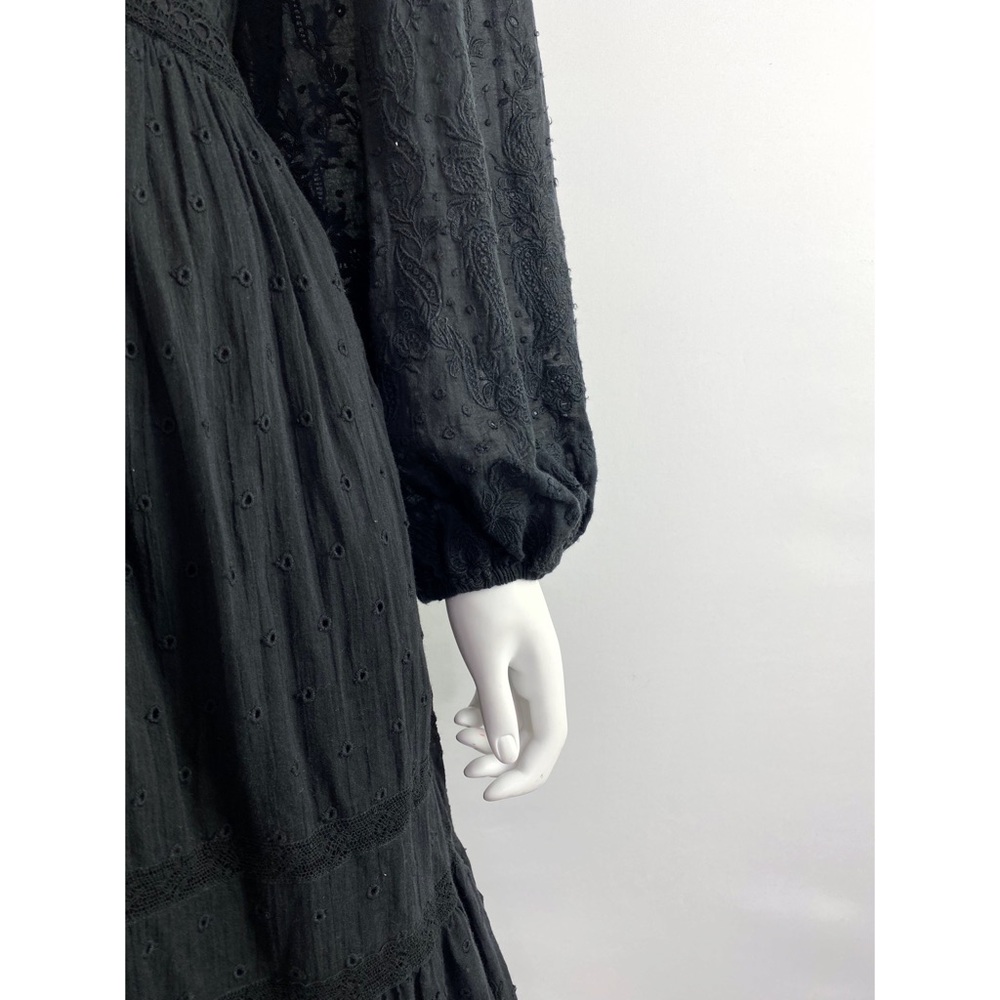 Ulla Johnson Size 6 Black Long Sleeve Eyelet Embroidered Lace Trim Midi Dress - Picture 6 of 13